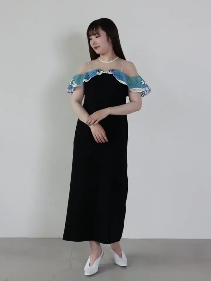 マメクロゴウチ　リバーデコルテレース　ブラック ノースリーブ ワンピース Mame Kurogouchi（マメ クロゴウチ） リバーレースIラインドレス