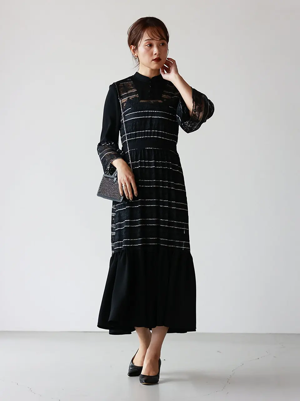 特別値下げ！LOKITHO ロキト　ブラックフォーマルレースワンピース LOKITHO(ロキト)】 PARIGOT別注 BORDER LACE BLACK DRESS