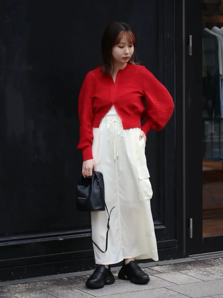 mame ニット　赤 Mame Kurogouchi(マメ クロゴウチ)】 Curved Sleeve Knitted Cardigan