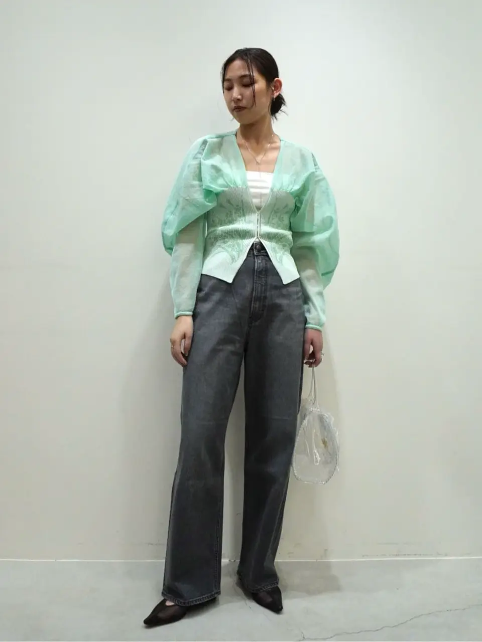 トップス Sheer Rounded Sleeve Knitted Cardigan Mame Kurogouchi：Sheer Rounded Sleeve Knitted Cardigan - BLACK