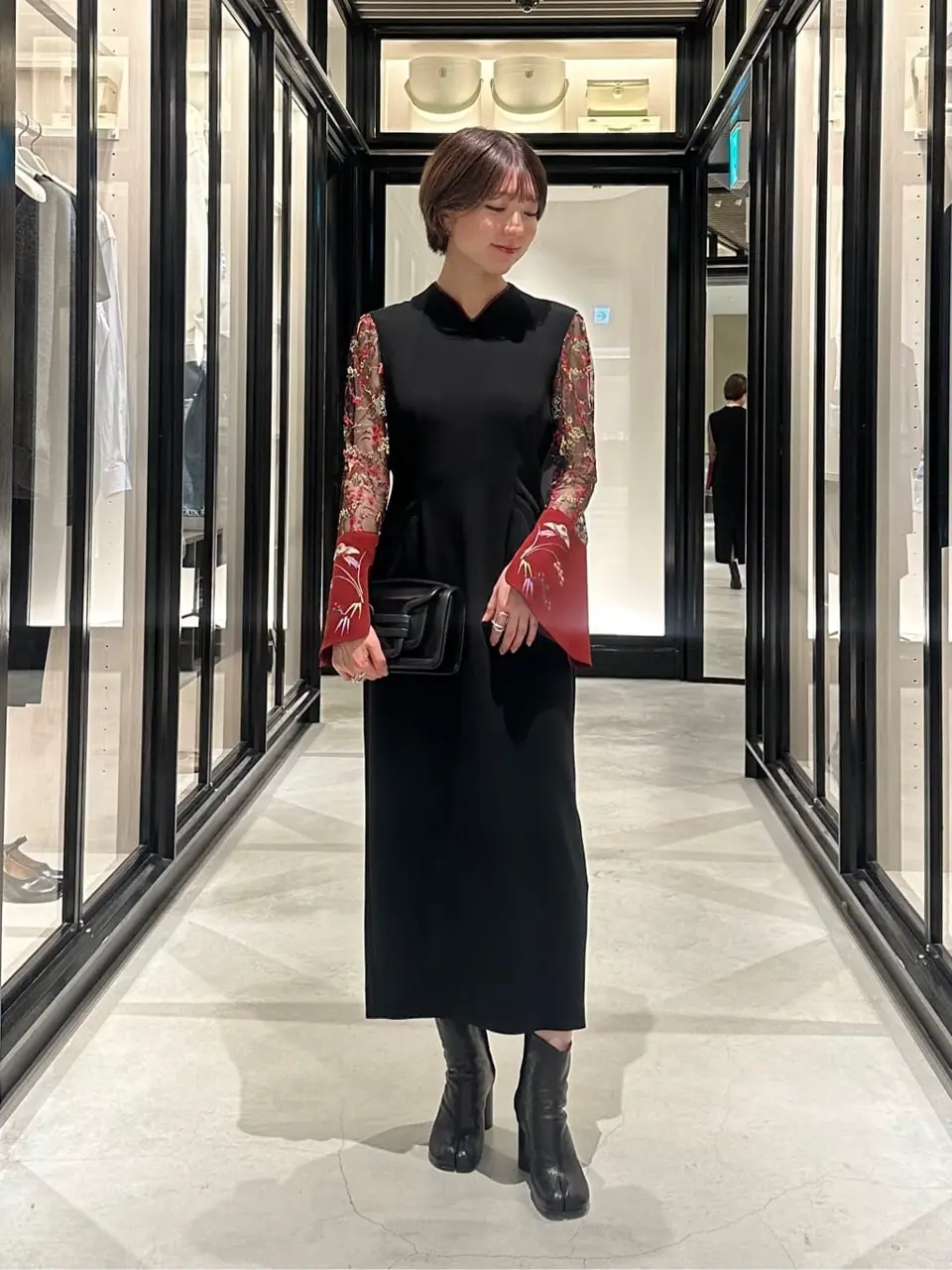 ワンピース Mame Kurogouchi Floral Lace-Sleeve Dress Mame Kurogouchi】Floral Lace Sleeve Dress - black×white | loop