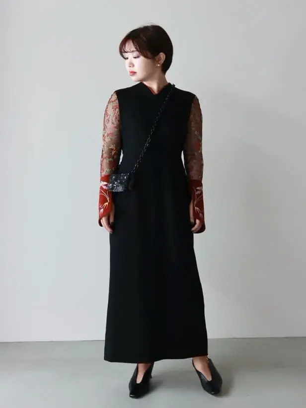 マメクロゴウチ　黒ワンピース Mame Kurogouchi(マメ クロゴウチ)】 Acetate Polyester Floral