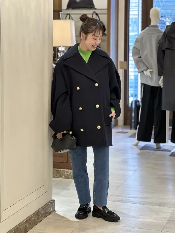 美品GANNIカーブシルエットウールコート32ネイビー Sky Captain Dark Blue Wool Oversized Midi Peacoat | GANNI US