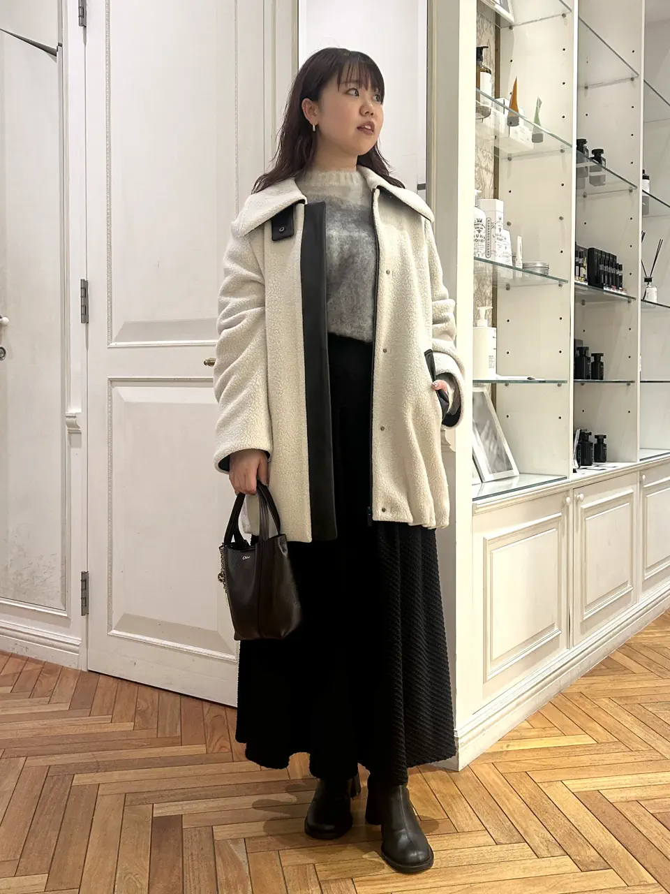 休日の街歩き｜ボアコートとニットで柔らかく／kahoko 155cm／Shirring Jersey Jacquard Pleats Skirt
