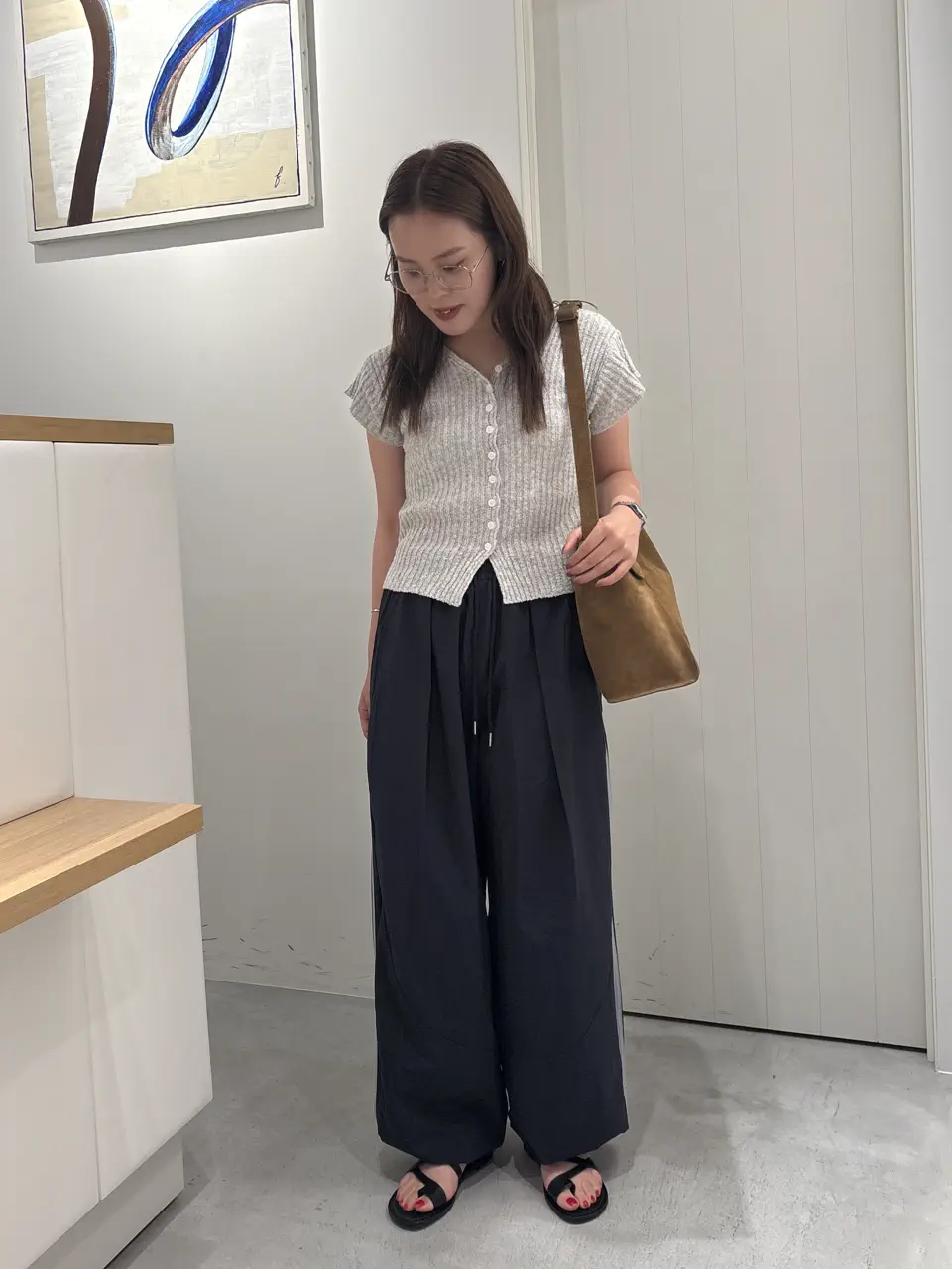 リネン混リブ半袖カーディガン