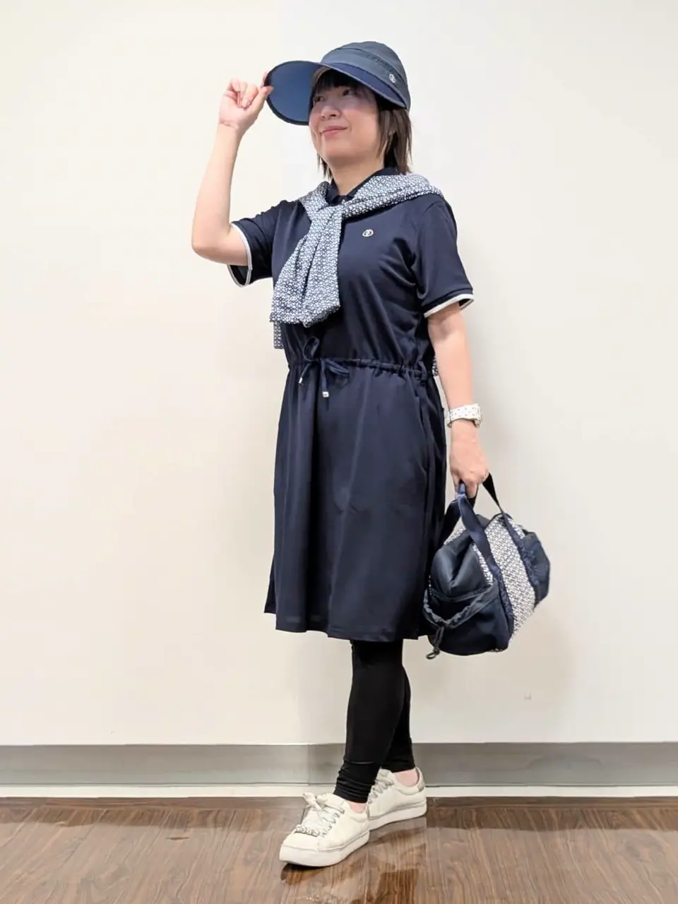 【23区ゴルフ】襟付き 半袖 ワンピース ペチパンツ付『Ⅱ』グレー☆ストライプ サイズ：L marie claire sport マリクレール スポール ハーフ