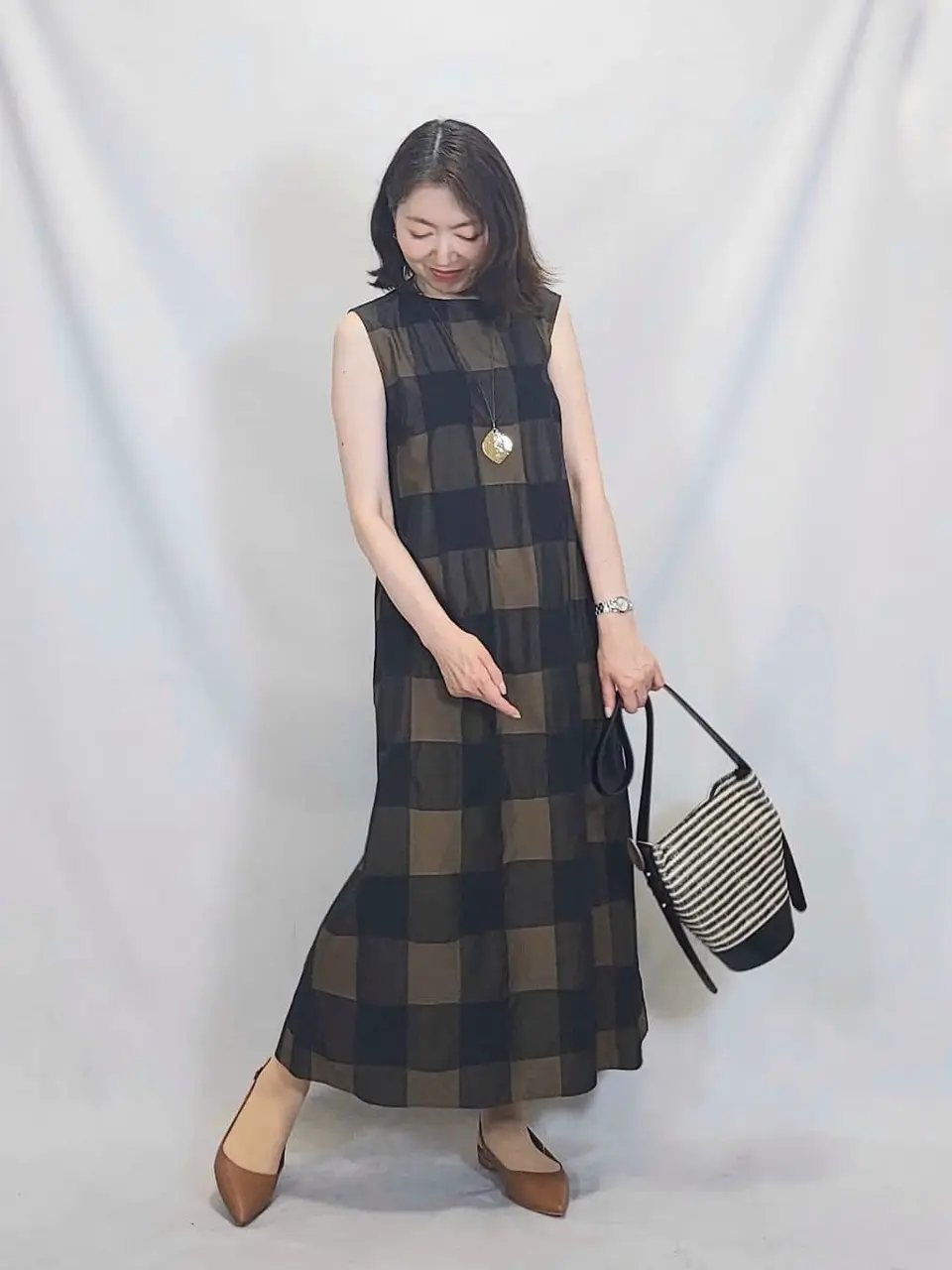 自由区　Class Lounge チェックワンピース 洗える】ブロンズチェックジャガード ワンピース / 自由区